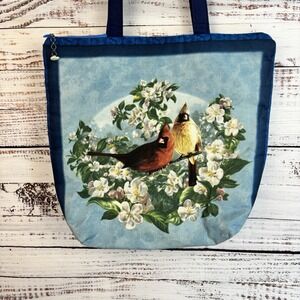 Handmade Bird Dogwood Tote Bag Cardinal Pair Blue Jay‎ Male Female Large Zipper